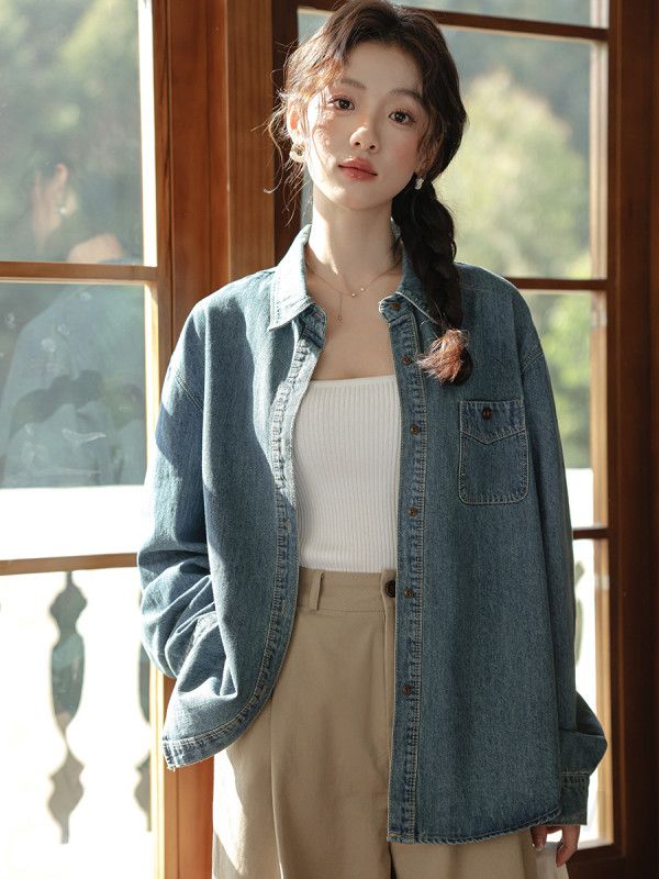 여성 자수 데님 셔츠 레트로 스타일 긴팔 셔츠 세련된 레이어드용 캐주얼한 블루 상의 데일리웨어로 적합한 스타일링 가능 - 상세 이미지 2