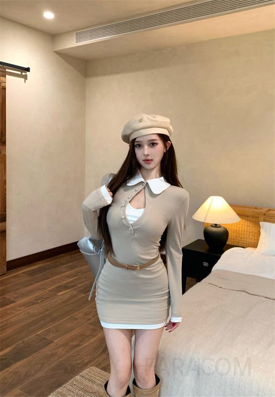 가을 슬림핏 미니 니트 원피스 여성 레이어드 스타일 이너 스커트 포함 데일리룩 활용도 높은 골지 디자인 - 상세 이미지 4