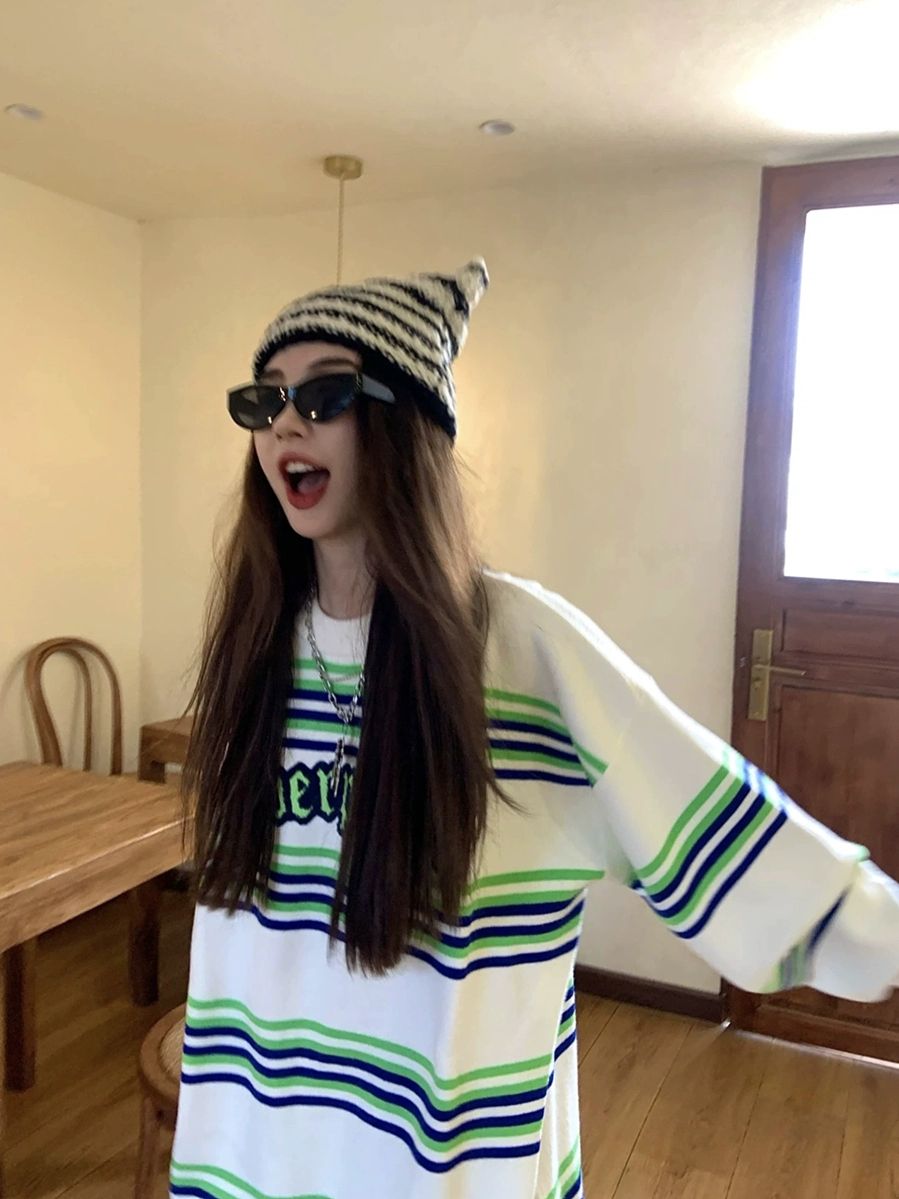 스트라이프 가을 모자 니트 줄무늬 패션 고양이귀 니트모자 여성모자 블랙 스트라이프 M 56-58cm - 상세 이미지 2