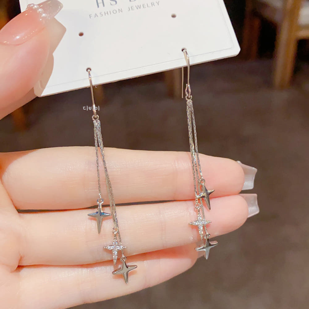 14K 언발란스 드롭 체인 큐빅 별귀걸이 슬림 롱 이어링 - 상세 이미지 3
