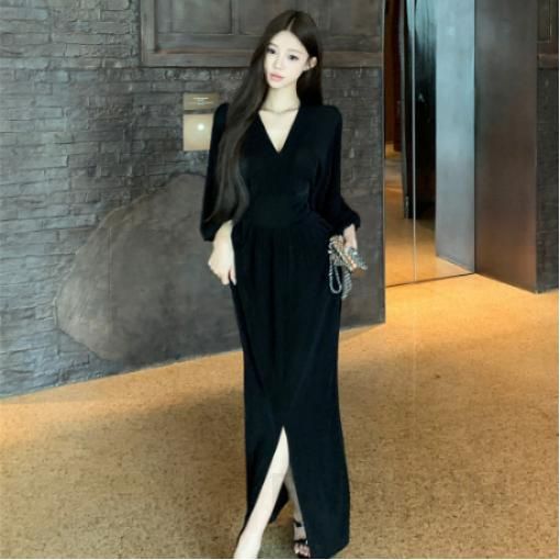 여름 바캉스룩 시스루 레이어드 망사 원피스 브이넥 퍼프소매 허리 플리츠 디자인으로 시원하고 고급스러운 여성 스타일 휴양지원피스 - 상품 이미지