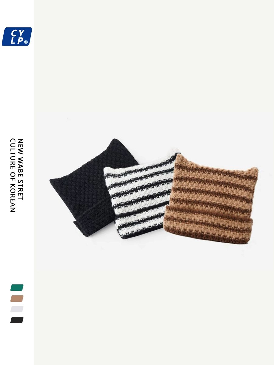 스트라이프 가을 모자 니트 줄무늬 패션 고양이귀 니트모자 여성모자 블랙 스트라이프 M 56-58cm - 상세 이미지 3