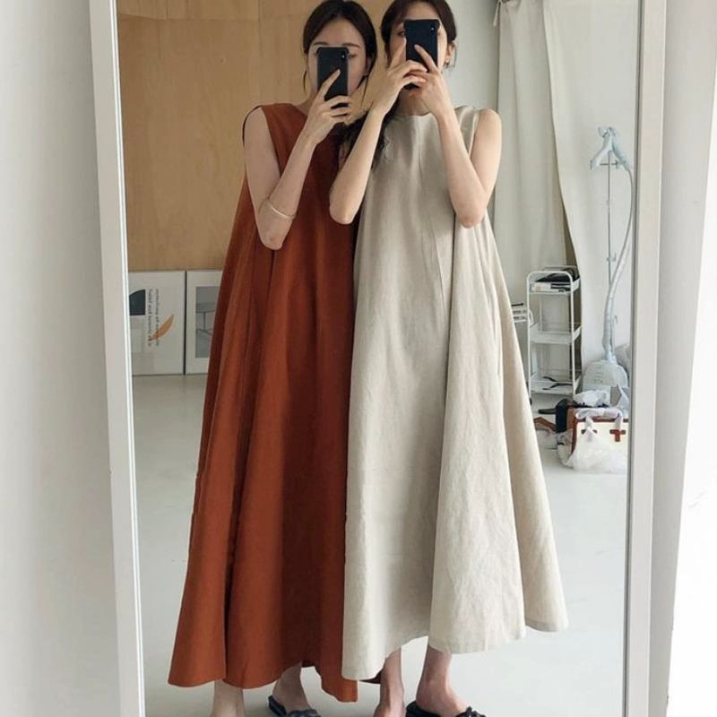 여성 린넨 원피스 라운드넥 시원한 플레어 롱원피스 통큰 슬리브리스 민소매원피스 펌프킨 S 추천 50kg 이하 - 상세 이미지 2