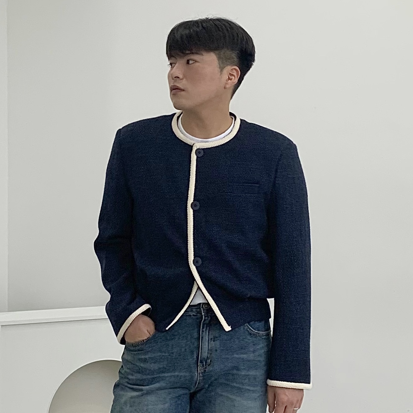 남자트위드자켓 블레이저 노카라 크롭자켓 - 메인 이미지