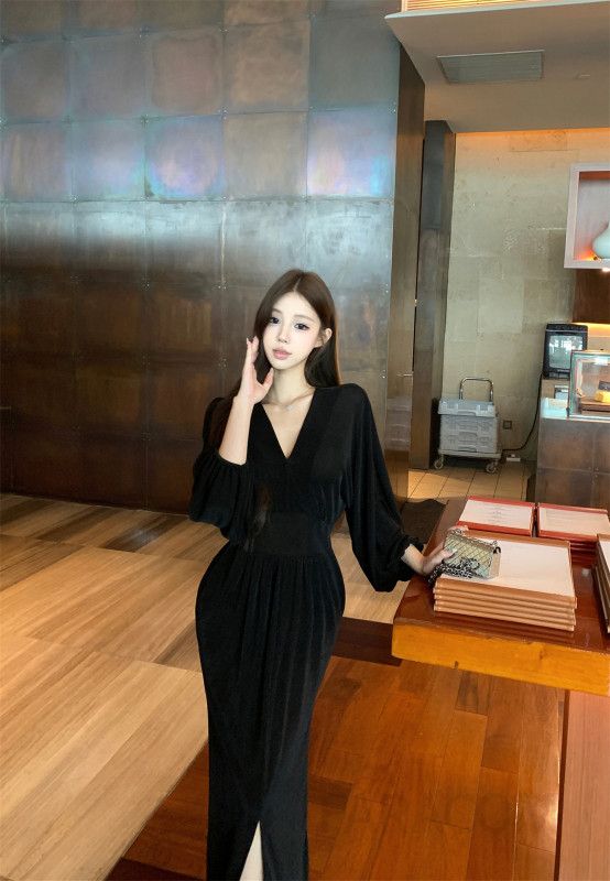 여름 바캉스룩 시스루 레이어드 망사 원피스 브이넥 퍼프소매 허리 플리츠 디자인으로 시원하고 고급스러운 여성 스타일 휴양지원피스 - 상세 이미지 2