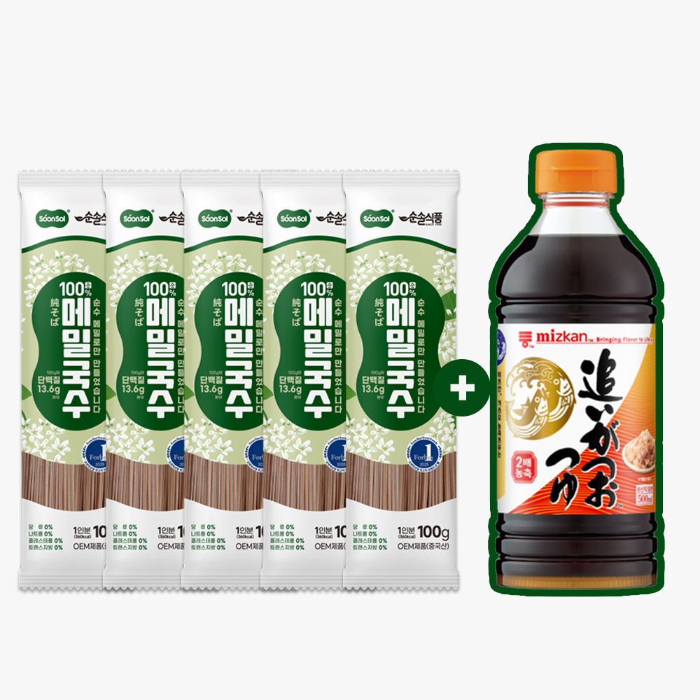 [순솔X미쯔칸] 순솔 100% 메밀국수 100g 5봉 X 미쯔칸 농축쯔유 500ml 소바 세트 - 상품 이미지