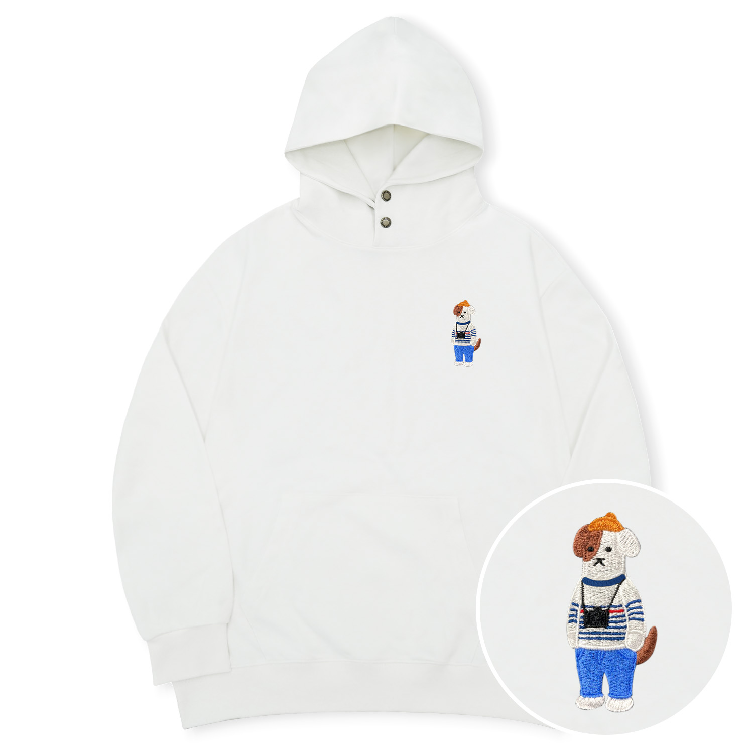 옥스타 남녀공용 미니미 포토그래퍼 브로독 자수 스냅 버튼 후드티 - 상세 이미지 4