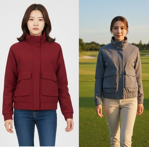 볼빅골프 여성 가을 필드룩 아웃포켓 하이넥 패턴 바람막이 골프 점퍼 - 상품 이미지
