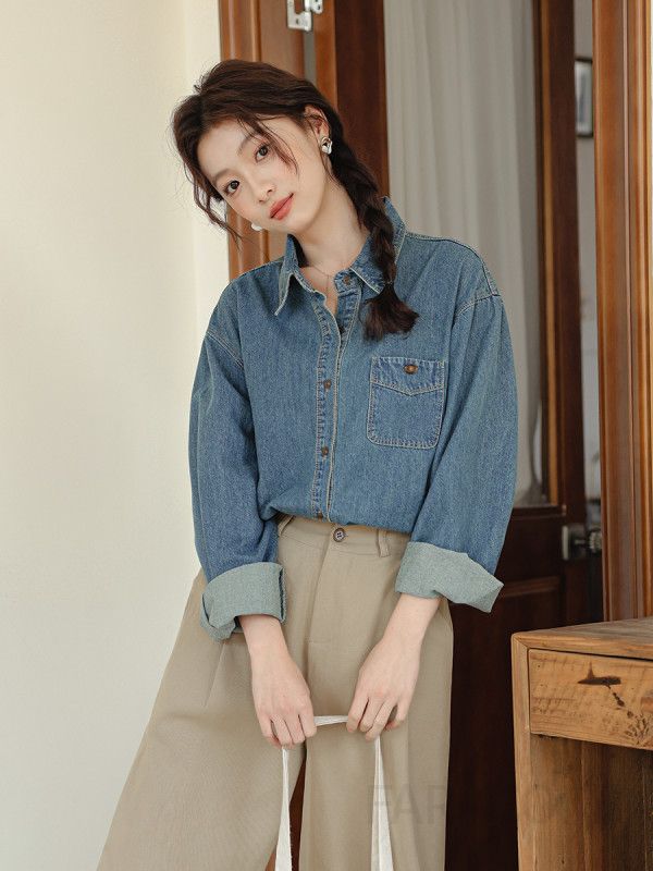 여성 자수 데님 셔츠 레트로 스타일 긴팔 셔츠 세련된 레이어드용 캐주얼한 블루 상의 데일리웨어로 적합한 스타일링 가능 - 상세 이미지 3