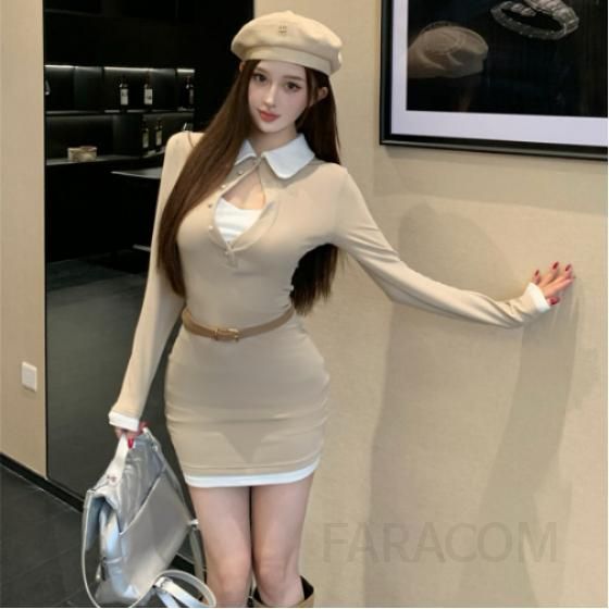 가을 슬림핏 미니 니트 원피스 여성 레이어드 스타일 이너 스커트 포함 데일리룩 활용도 높은 골지 디자인 - 메인 이미지