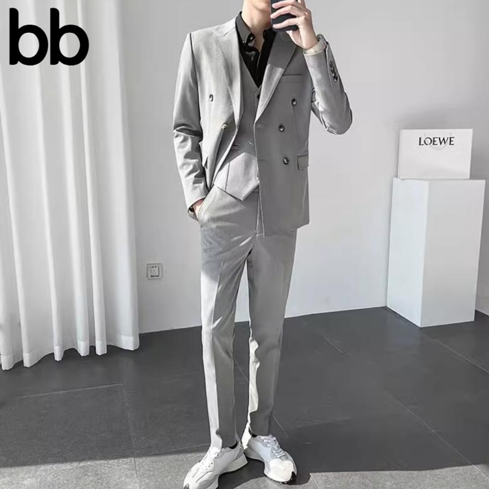 20대 남자 정장 남성 비즈니스 하객룩 스판 쓰리피스 여름 체크 가을 봄 수트 양복 라이트 그레이 M - 상품 이미지