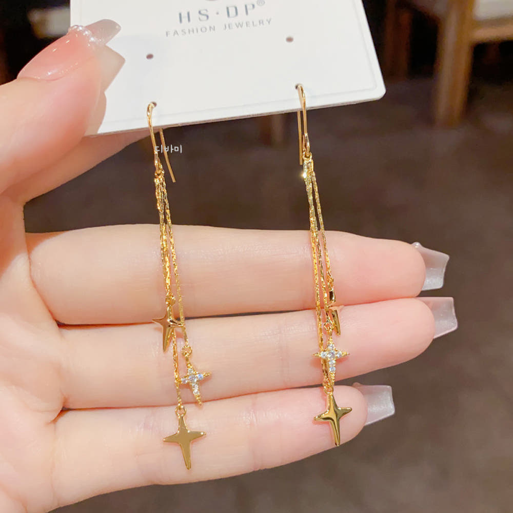 14K 언발란스 드롭 체인 큐빅 별귀걸이 슬림 롱 이어링 이미지 6