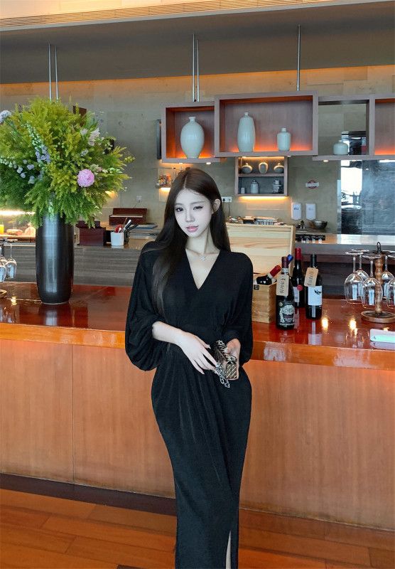 여름 바캉스룩 시스루 레이어드 망사 원피스 브이넥 퍼프소매 허리 플리츠 디자인으로 시원하고 고급스러운 여성 스타일 휴양지원피스 - 상세 이미지 4