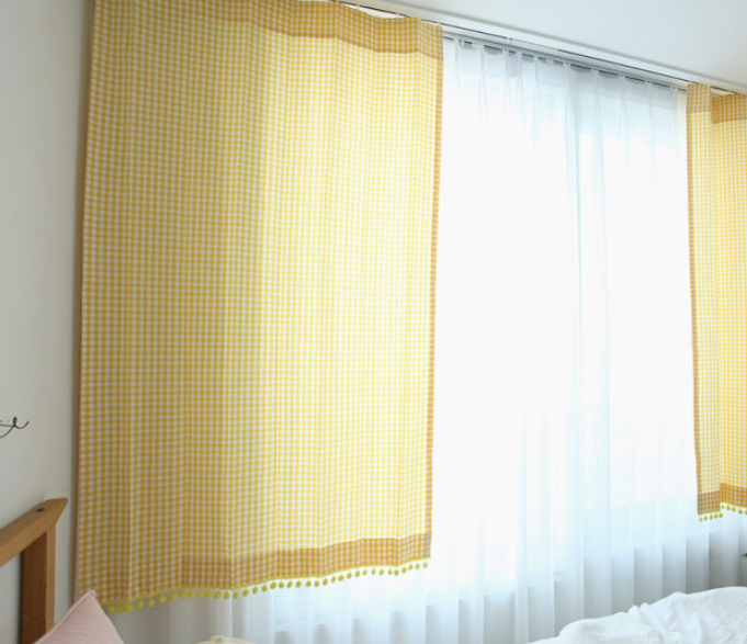 바이아미 메르시폼폼 체크 아이방 노랑 커튼 핀스타일 맞춤제작