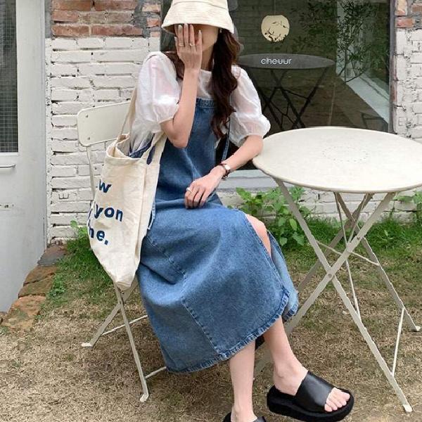 가을 데님 오버롤 원피스 중청 오버롤 멜빵 스커트 - 상품 이미지