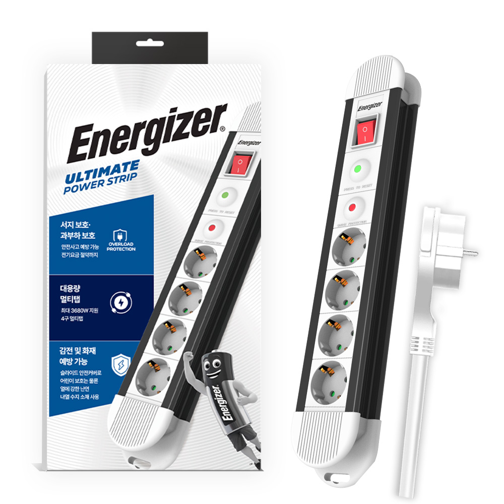 에너자이저 멀티탭 서지보호 과부하차단 납작플러그 통합스위치 고용량 3680W, 2m