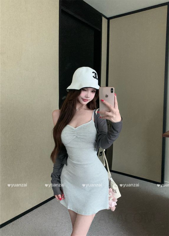 가을 여성 슬림핏 주름 원피스 세트 텐셀 가디건 포함 스타일리시한 니트 투피스 하객룩 데일리룩 - 상세 이미지 2
