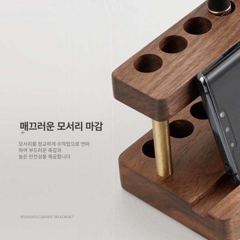 만년필 거치대 꽂이 호두색 정리함 다기능 책상 볼펜 보관함 펜홀더 펜받침대 너도밤나무 붓 호두나무 펜 홀더 골드 - 상세 이미지 5