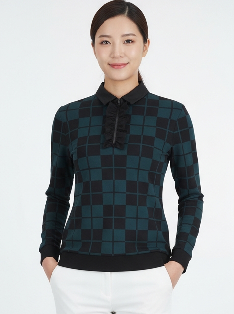 볼빅골프 여성 가을 르니퍼프 체크 프릴 넥 카라 필드룩 골프웨어 긴팔 티셔츠 - 상세 이미지 4