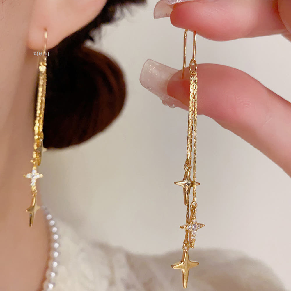 14K 언발란스 드롭 체인 큐빅 별귀걸이 슬림 롱 이어링 - 메인 이미지