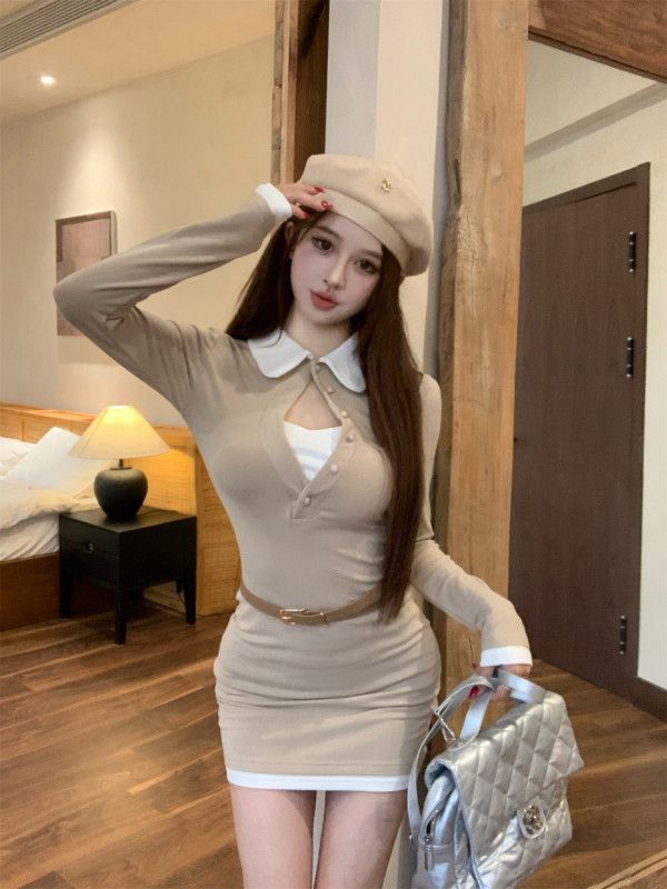 가을 슬림핏 미니 니트 원피스 여성 레이어드 스타일 이너 스커트 포함 데일리룩 활용도 높은 골지 디자인 - 상세 이미지 3