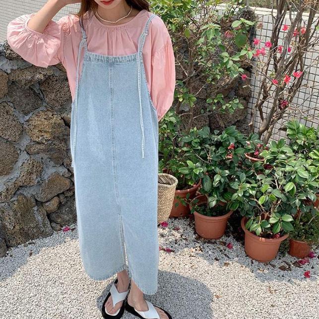 가을 데님 오버롤 원피스 중청 오버롤 멜빵 스커트 - 상세 이미지 2