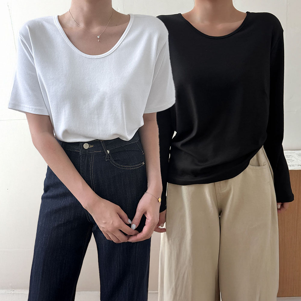 자체제작 비침없는 레이어드 모달 유넥 반팔 긴팔 티셔츠 기모 기본 이너 여성흰티 - 상품 이미지
