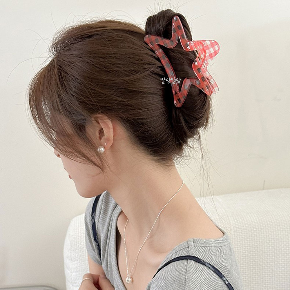레드 체크 헤어집게핀 가벼운 올림머리핀 반투명 헤어핀 - 상세 이미지 3