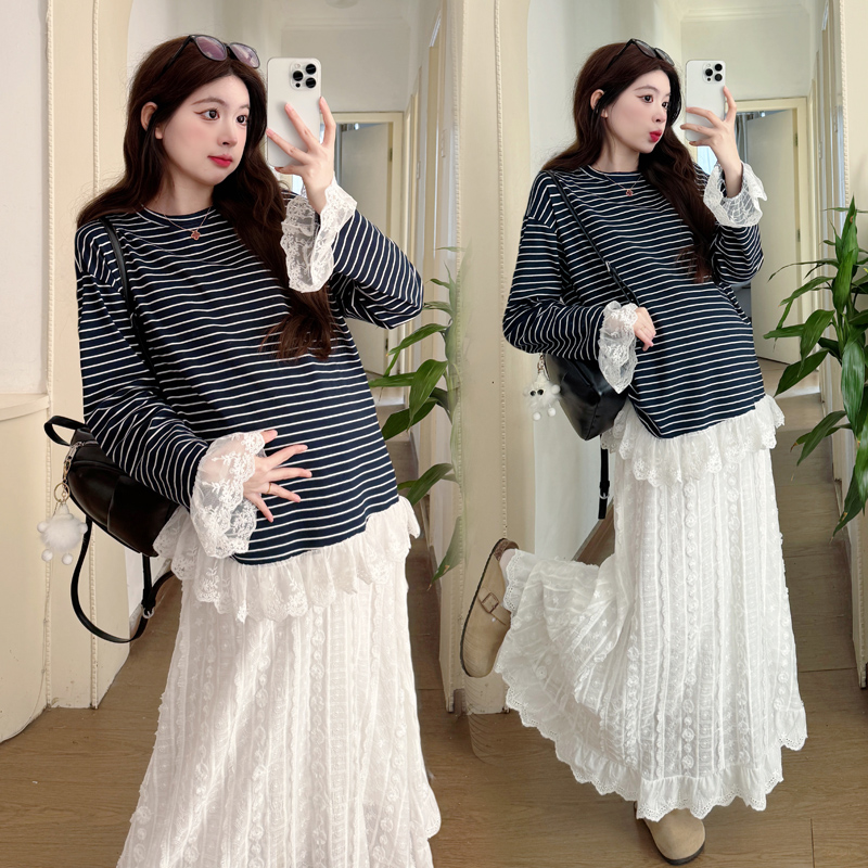 임산부레이스치마 스트라이프티셔츠 L 투피스세트 - 상품 이미지
