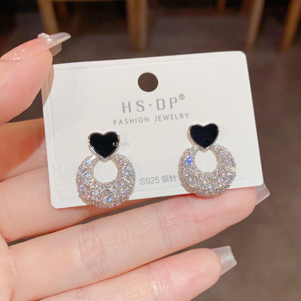S925 러블리 하트 써클 원석 귀걸이 14K 큐빅 스터드 이어링 이미지 8