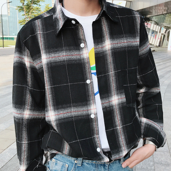체크 무늬 남녀공용 셔츠 남방 여성 여자 봄 가을 여름 겨울 직장인 회사원 출근 룩 카라 - 상품 이미지