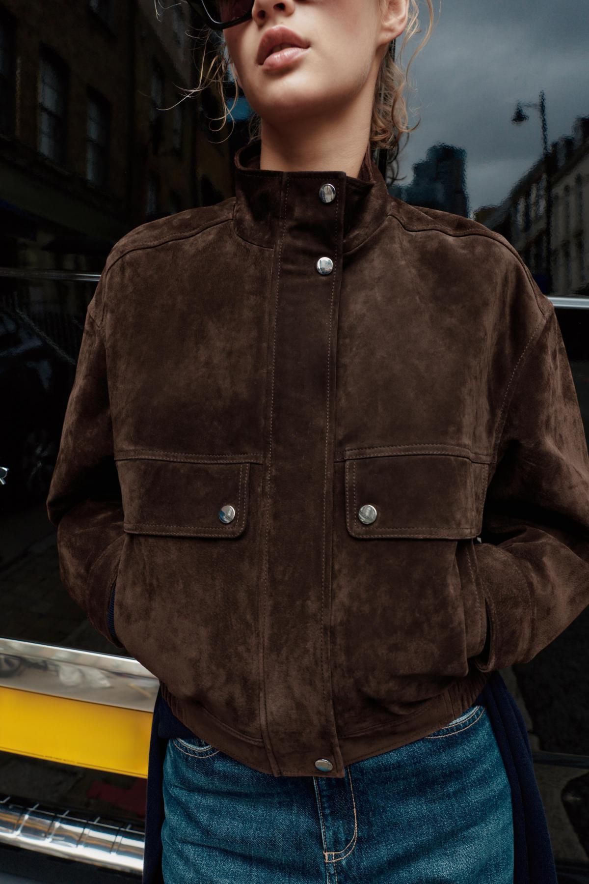 자라 프리미엄 스웨이드 레더 포켓 하이넥 봄버 재킷 3046/258 BROWN MARL 이미지 7