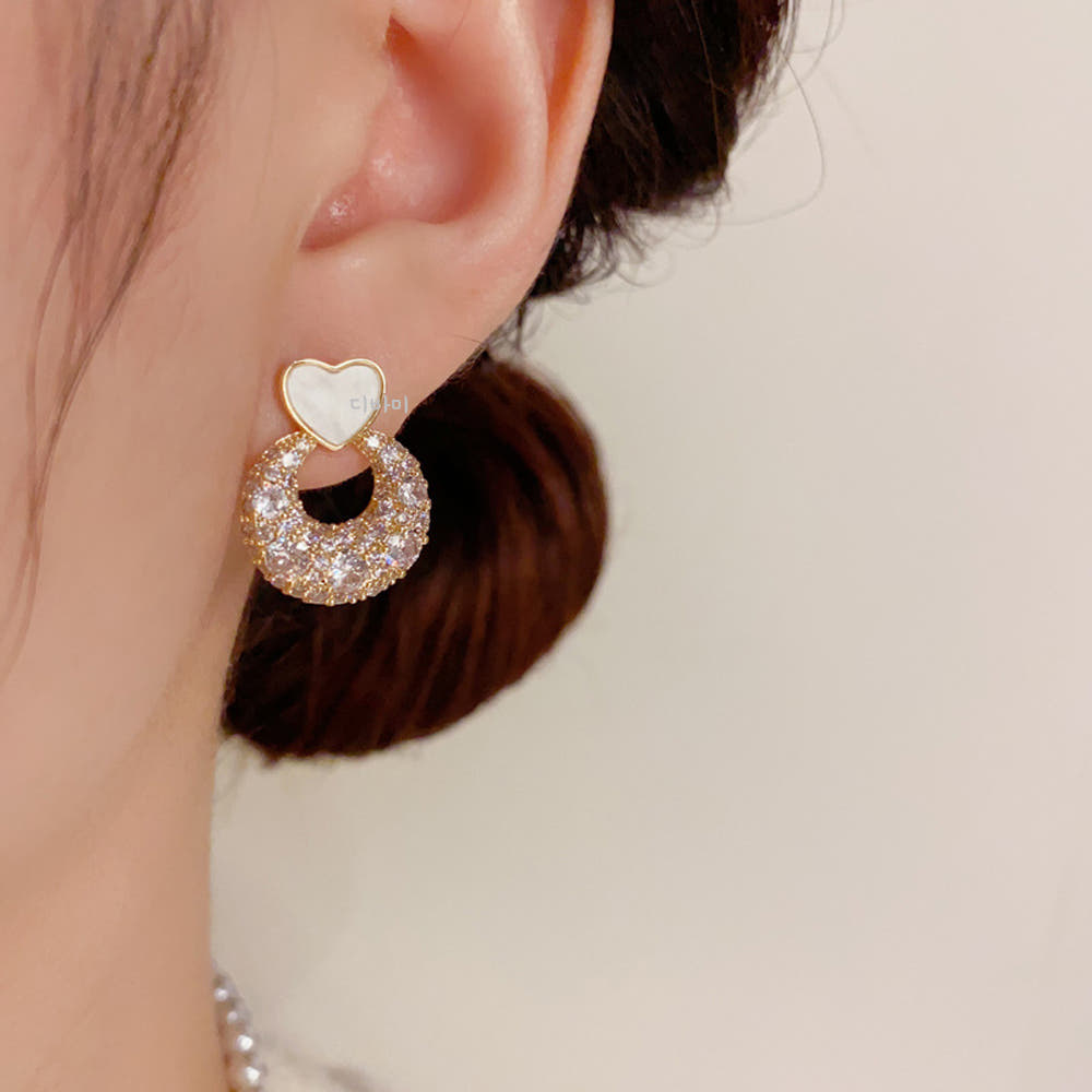 S925 러블리 하트 써클 원석 귀걸이 14K 큐빅 스터드 이어링 - 상세 이미지 4