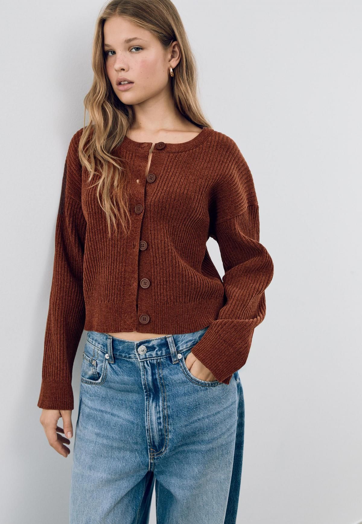 스트라디바리우스 브라운 소프트터치 라운드넥 버튼업 니트 카디건 5030/414 PALE CAMEL - 상세 이미지 5