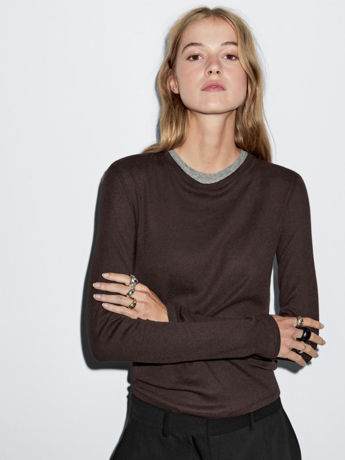 마시모두띠 미니멀 더블칼라 코튼블렌드 긴팔 티셔츠 6289/106 BROWN - 상세 이미지 4
