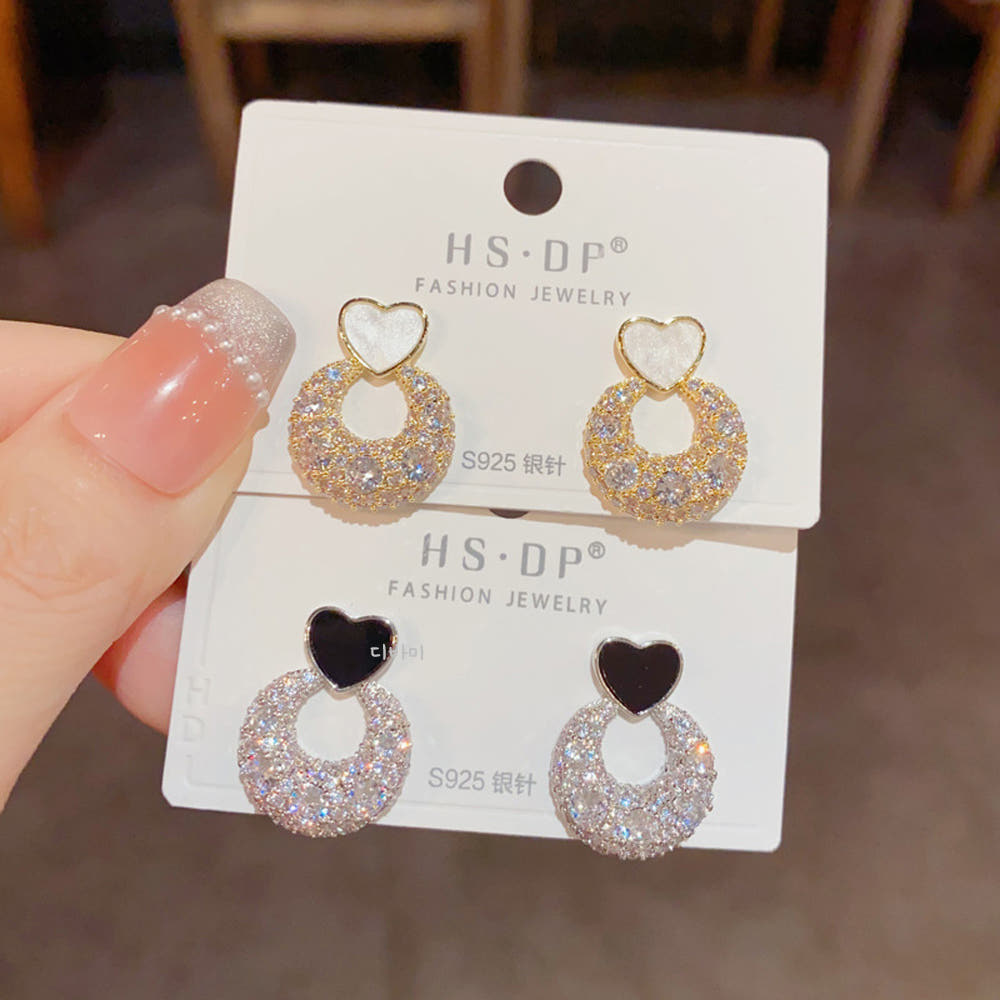 S925 러블리 하트 써클 원석 귀걸이 14K 큐빅 스터드 이어링 이미지 7