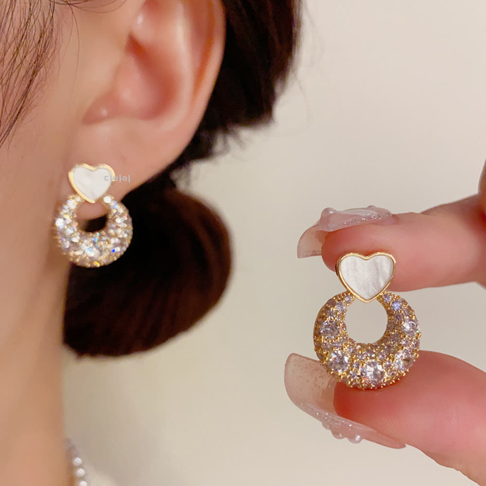 S925 러블리 하트 써클 원석 귀걸이 14K 큐빅 스터드 이어링 - 상품 이미지