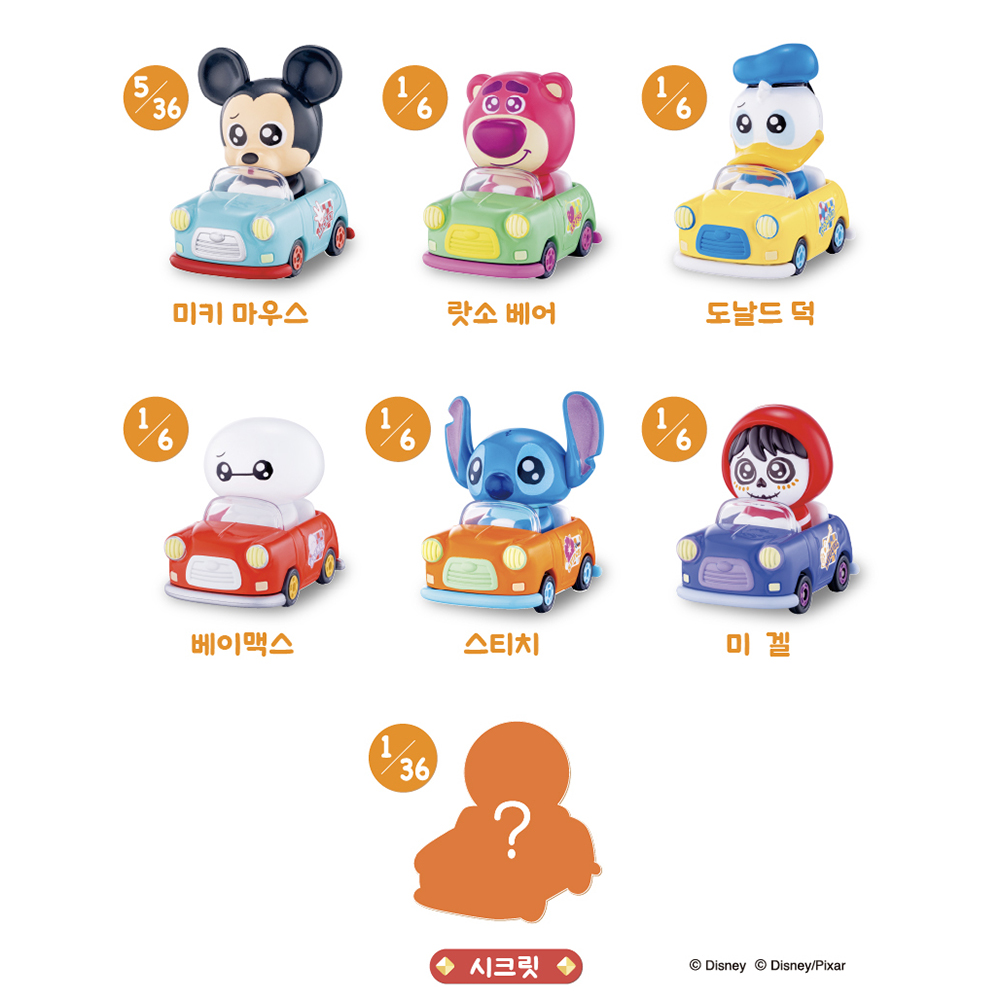 드림토미카 튠즈 디즈니 캐릭터즈 vol1 6종 1박스 미키마우스 랏소 베어 도날드 덕 베이맥스 스티치 미겔 캐릭터 미니카 장난감 스티커세트 선물 - 상세 이미지 4