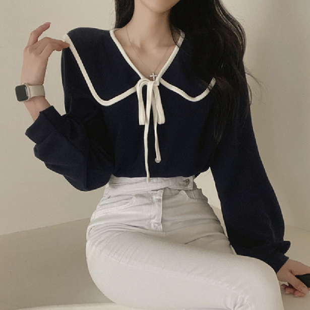 여자 블라우스 봄 가을 여름 여성 데일리 고급 옷 코디 하객 소매 대학생 세일러 카라 - 상품 이미지