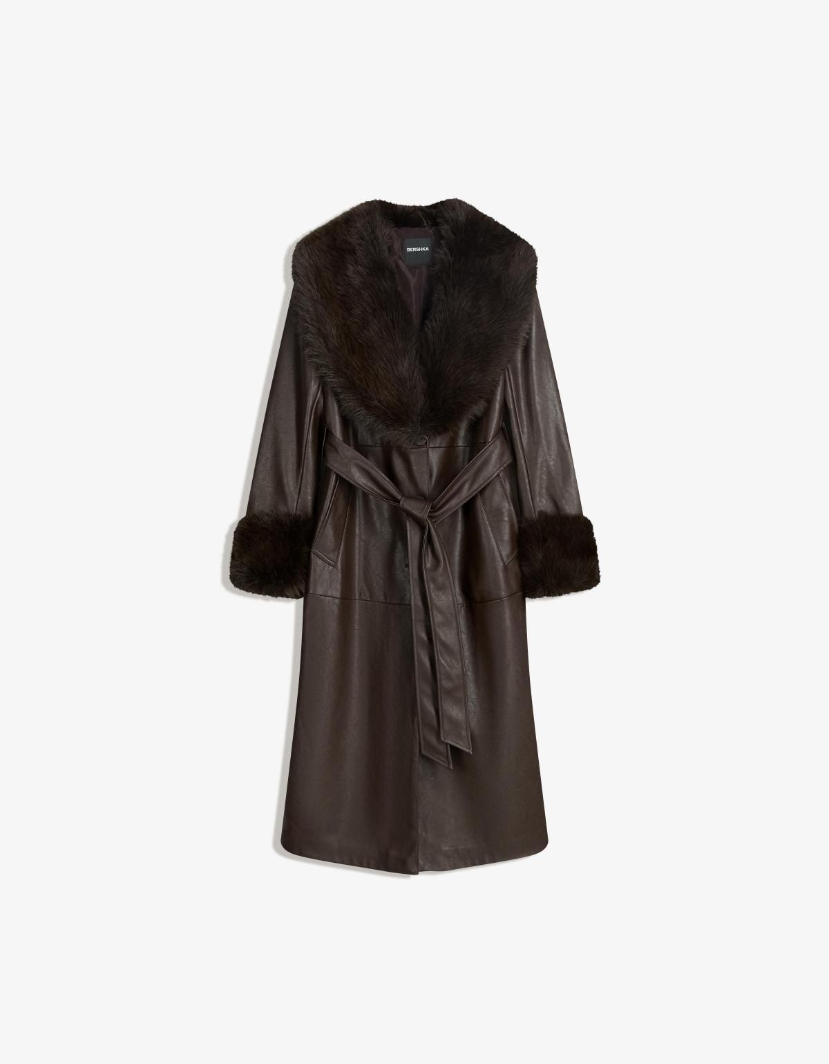 버쉬카 페이크 퍼 칼라 레더 이펙트 롱 코트 6892/752 BROWN - 메인 이미지