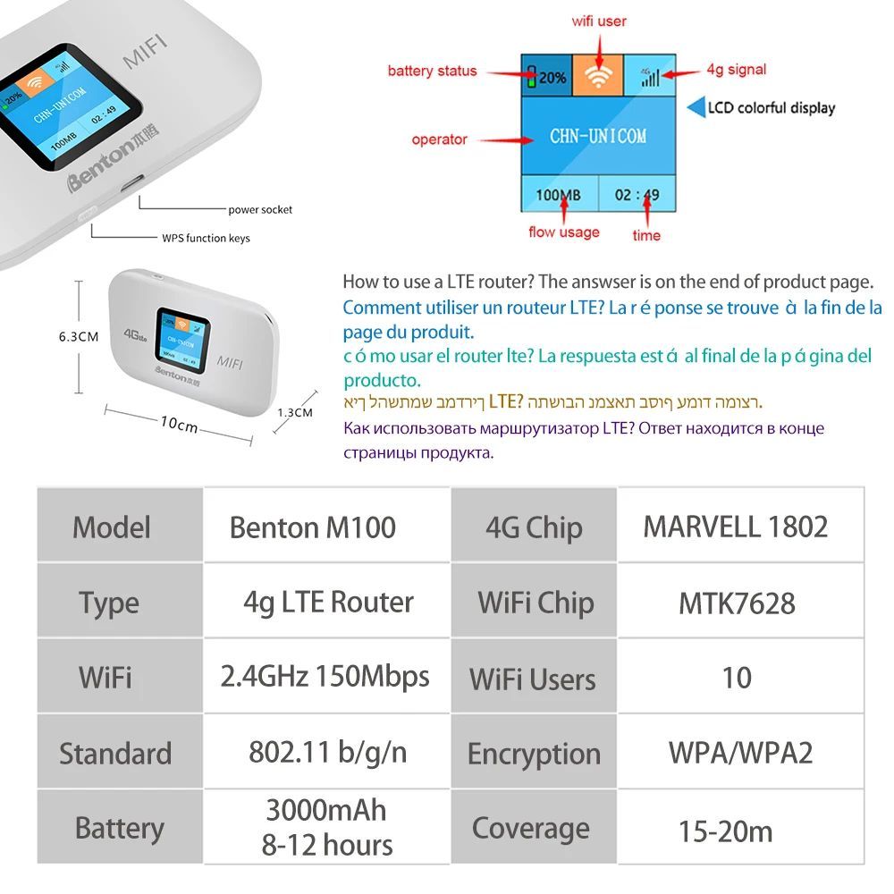 유무선 공유기 차량용와이파이 C충전 와이파이 휴대용 Lte Benton 라우터 모뎀 3000mAH LED 아시아 - 상세 이미지 3