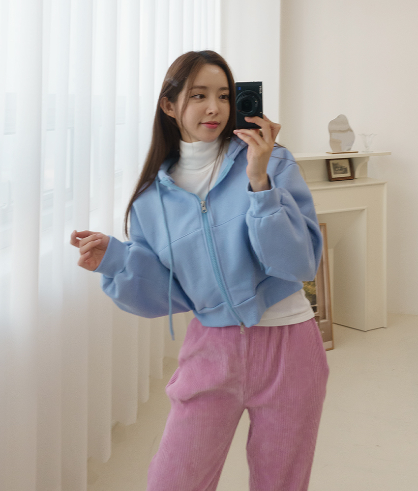 크롭 루즈핏 기모 겨울 숏 후드집업 티셔츠 이미지 2