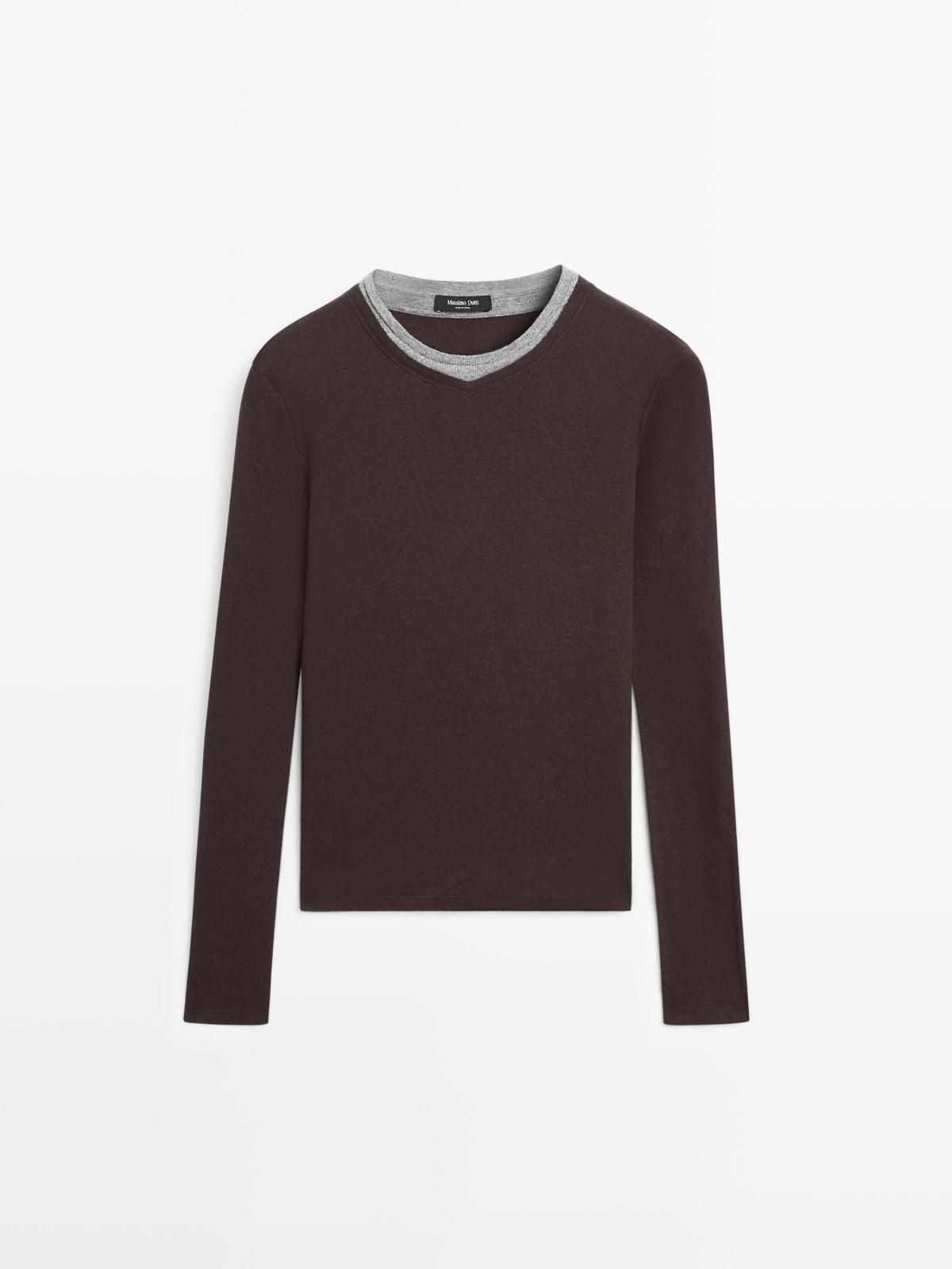 마시모두띠 미니멀 더블칼라 코튼블렌드 긴팔 티셔츠 6289/106 BROWN - 메인 이미지