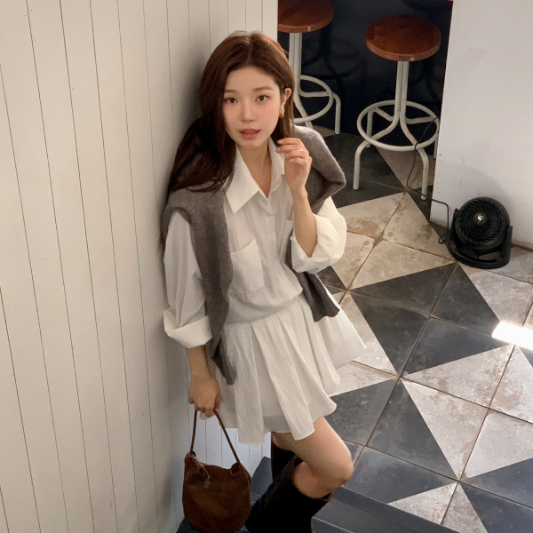 샌더린 벨트 세트 플리츠 셔츠 원피스 op16208 - 메인 이미지