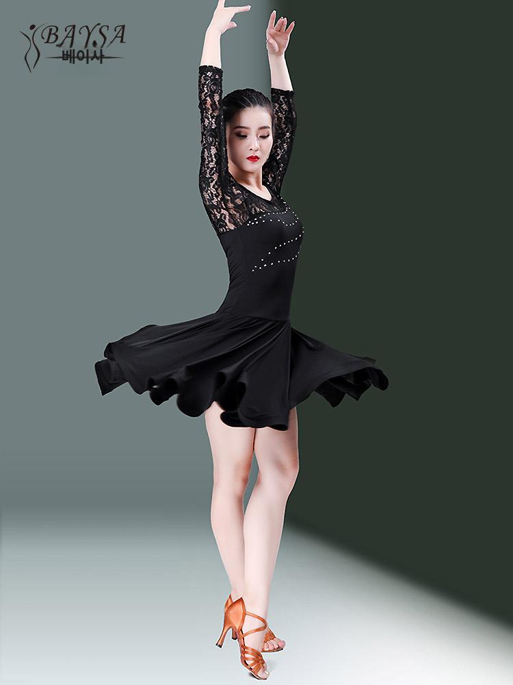 라인댄스의상 시스루 레이스 원피스 댄스 스포츠 왈츠 7부 소매 블랙 L - 상세 이미지 3