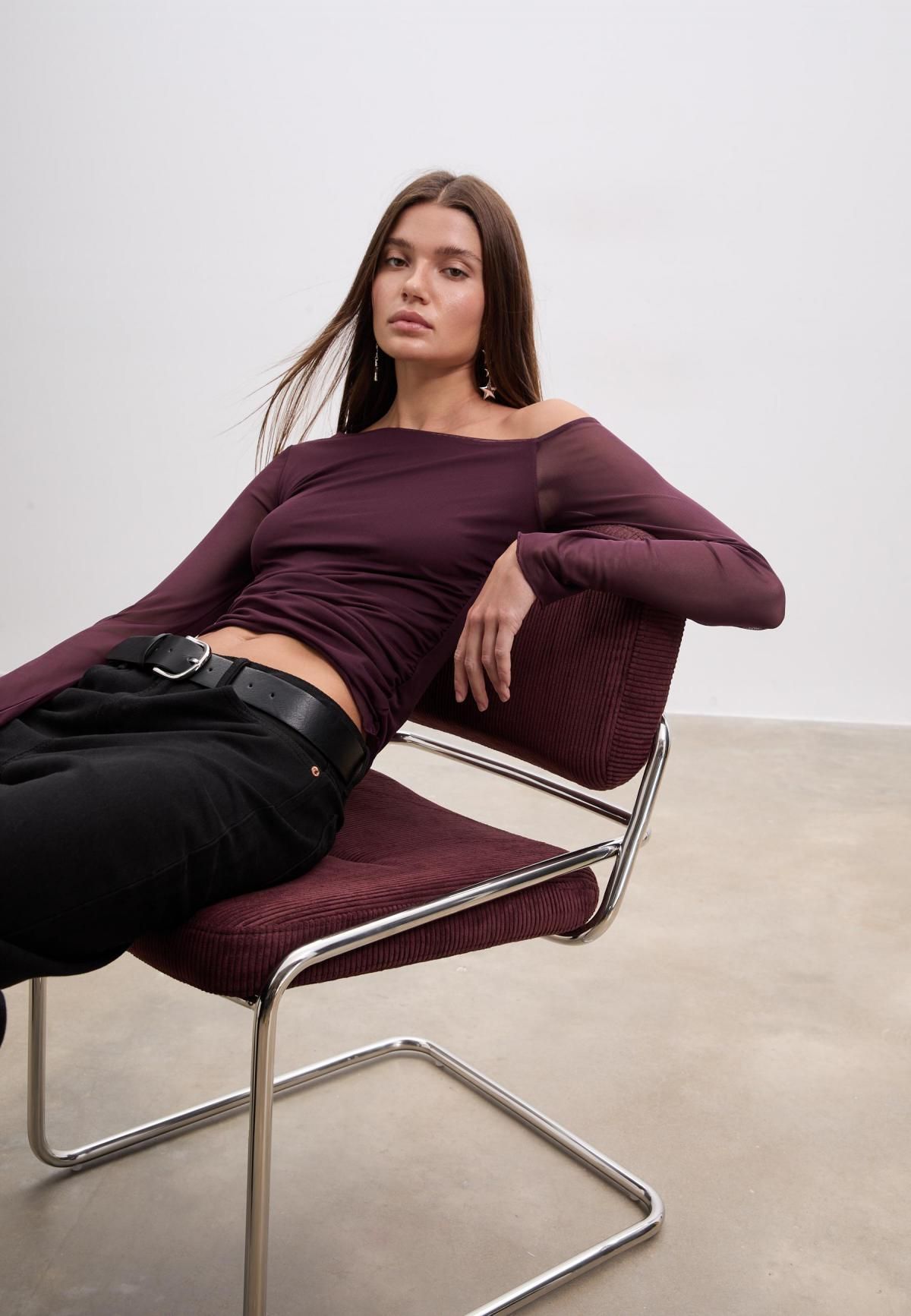 스트라디바리우스 비대칭 시스루 튤 긴팔 티셔츠 6683/654 AUBERGINE - 상세 이미지 5