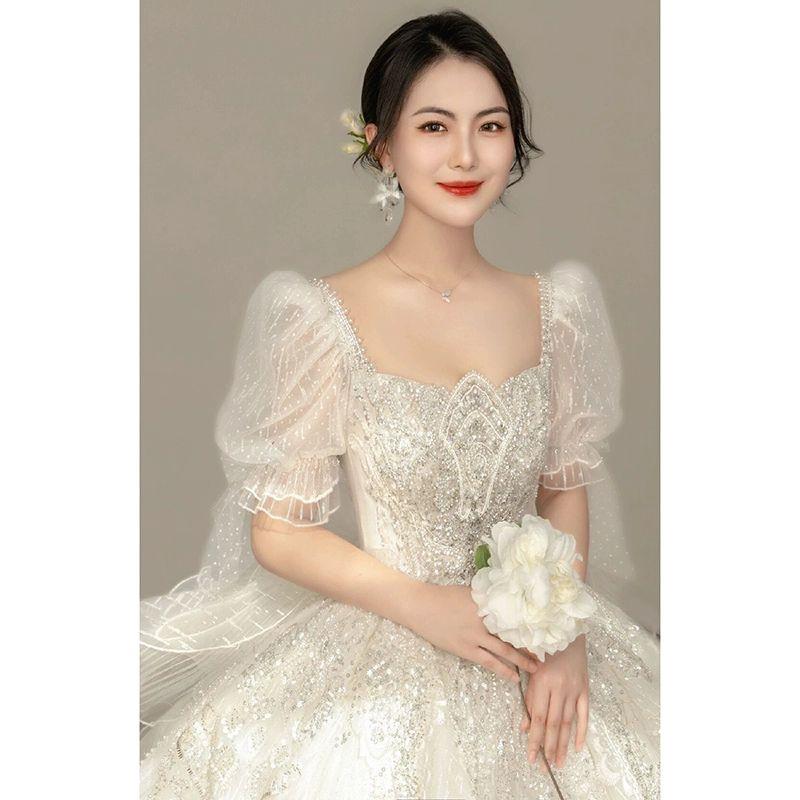 셀프 스몰 드레스 웨딩 돌잔치 퍼프 원피스 시상식드레스 스냅 예식 결혼식 이브닝 파티 화이트 플로어 길이 S - 상세 이미지 3