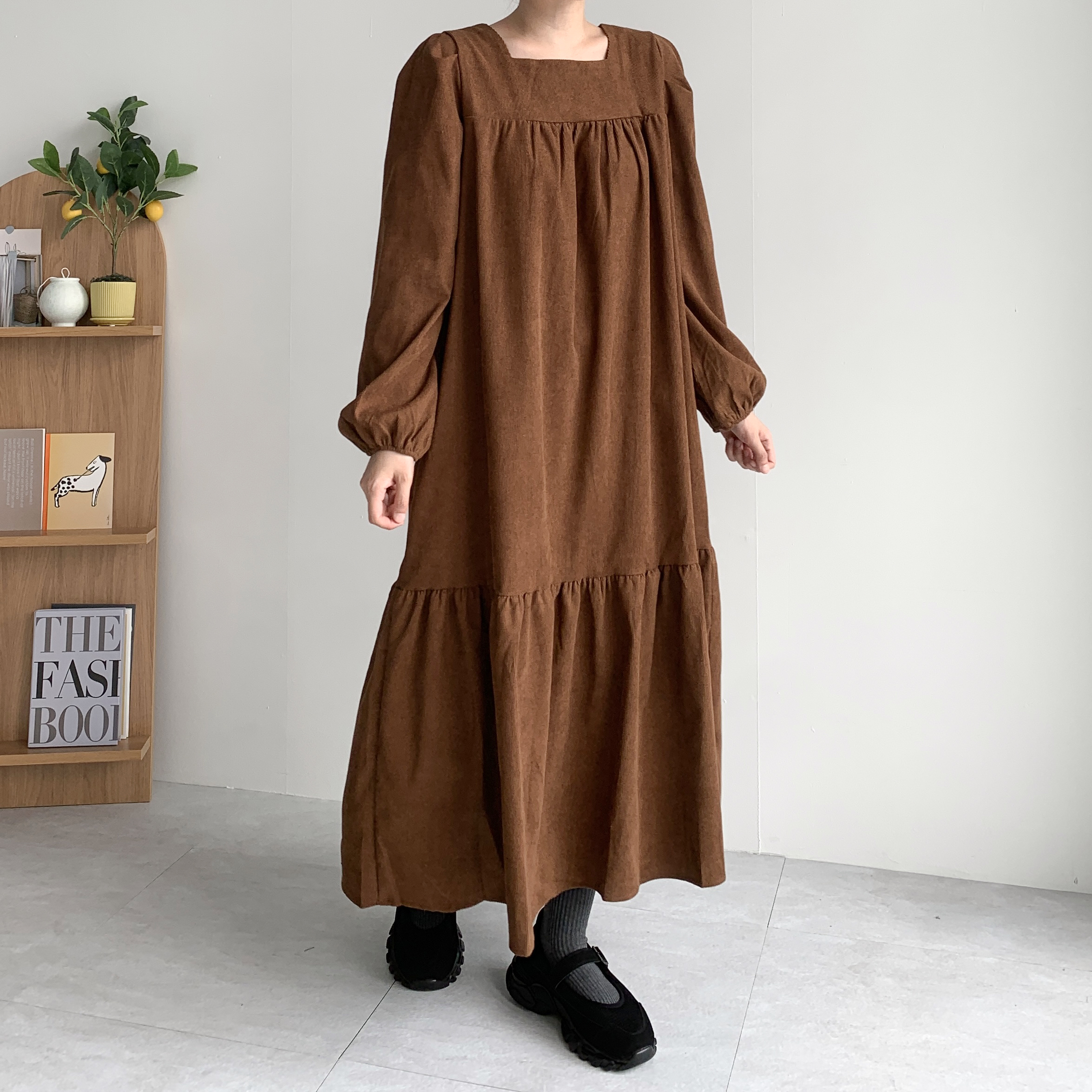 브라운 골덴원피스 스퀘어넥원피스 코듀로이원피스 - 메인 이미지