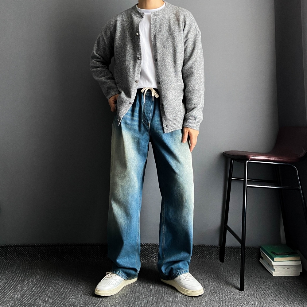 남자 밴딩 청바지 흑청 중청 와이드핏 레귤러핏 데님 덤블워싱 통바지 캐주얼 데일리 바지 이미지 6