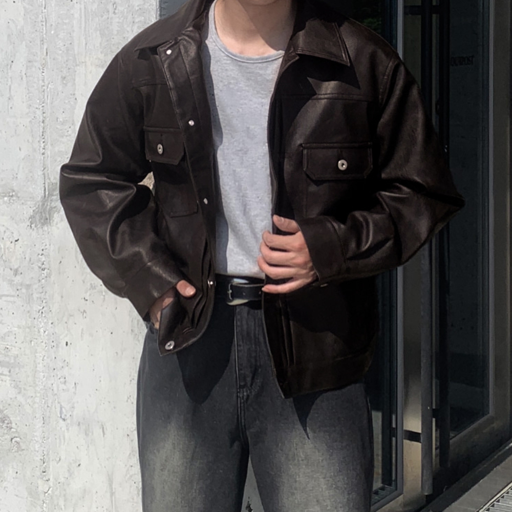 남자 스엔 오버핏 봄 가을 비건 레더 트러커 자켓 - 상세 이미지 2